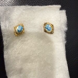 Vintage Gold Tone Ceramic Stud Earrings Blue Flowers Scallop Edge Estate